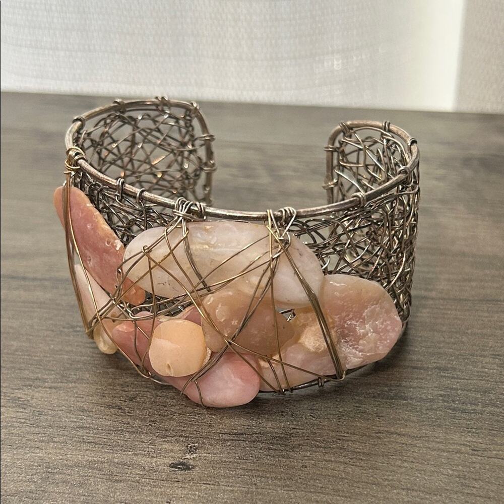 925 Sterling Silver Wide Cuff bracelet #B2  Wire Stone